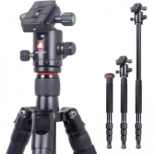 Kingjoy reisstatiefkit, aluminium videocamerastatief met vloeistofkop Drag Head, middenkolom, verstelbare beenhoek, compatibel voor Canon Nikon DSLR-video-opnamen
